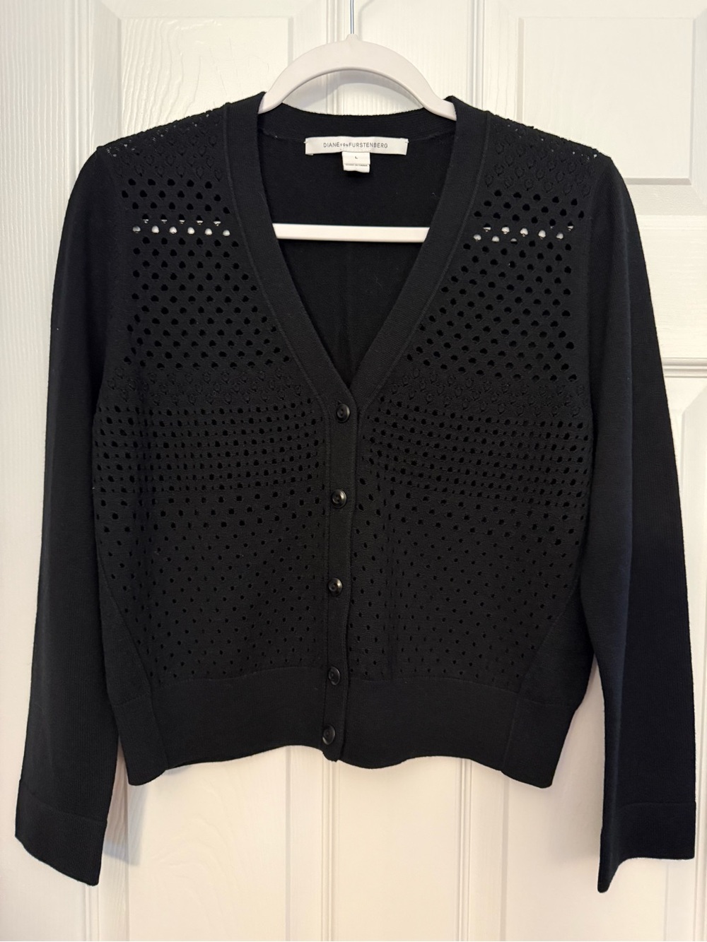 Diane von Furstenberg Black Eyelet Knit Cardigan Sz L wool/cotton blend